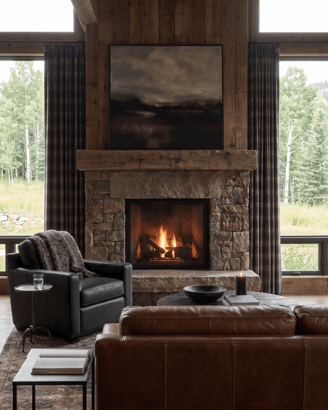 Modern rustic living room with a floor-to-ceiling stone fireplace, oversized landscape artwork, brown leather sofa, black leather lounge chair, round coffee table, and tall windows overlooking a wooded mountain landscape.