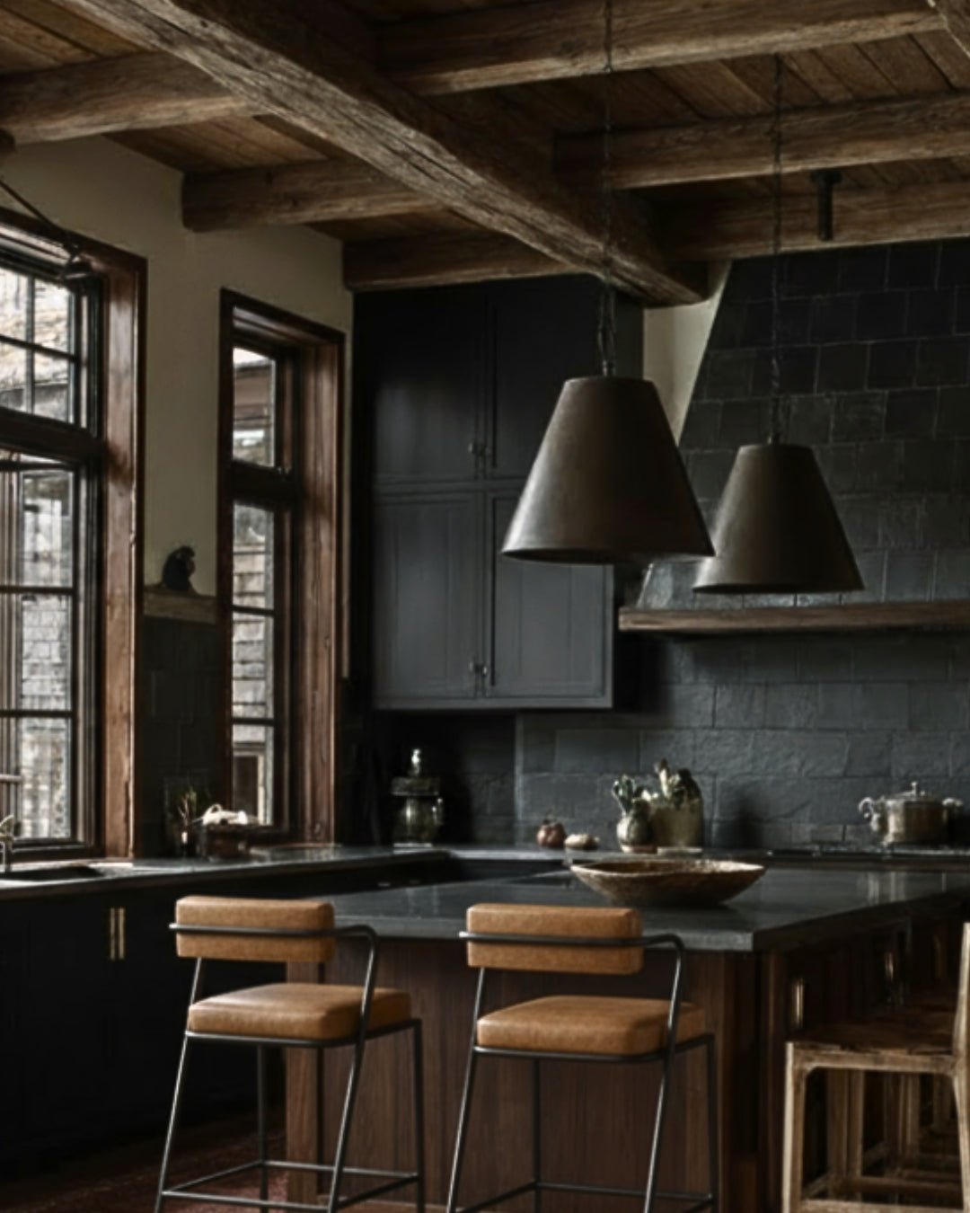 Modern Rustic Kitchen with Reclaimed Beams and Moody Black Cabinets - Hello Norden
