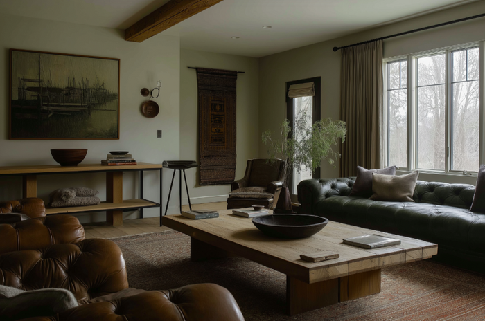 Modern living room styled with vintage decor, reclaimed wood furniture, and warm layered textures – Hello Norden