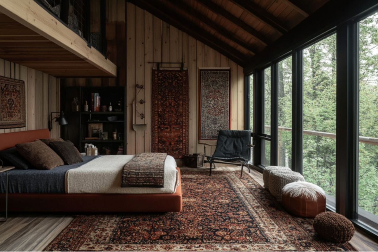 Summer bedroom styling with a cabin vibe and a rust red queen bed