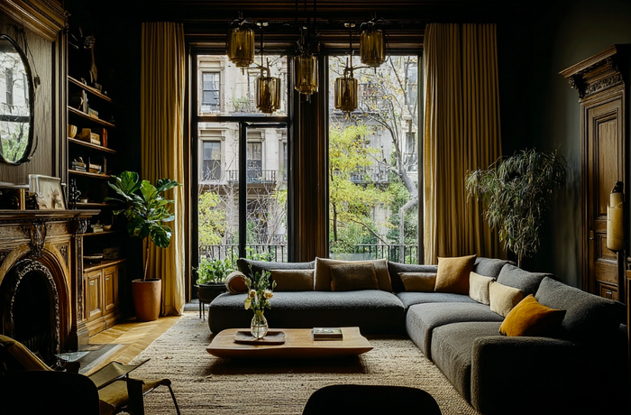 Moody modern living room with a deep gray sectional sofa, rustic wood coffee table, tall bookshelves, and large windows framed by golden curtains overlooking a city view – Hello Norden quality furniture   