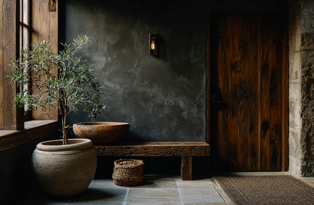 Dark, moody entryway with a reclaimed wood bench, textured plaster walls, rustic wooden door, vintage dough bowl, woven basket, and a potted olive tree in a vintage planter.