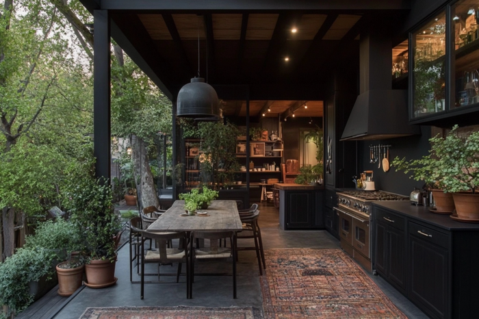 Fall moody industrial outdoor kitchen with black cabinets and countertops