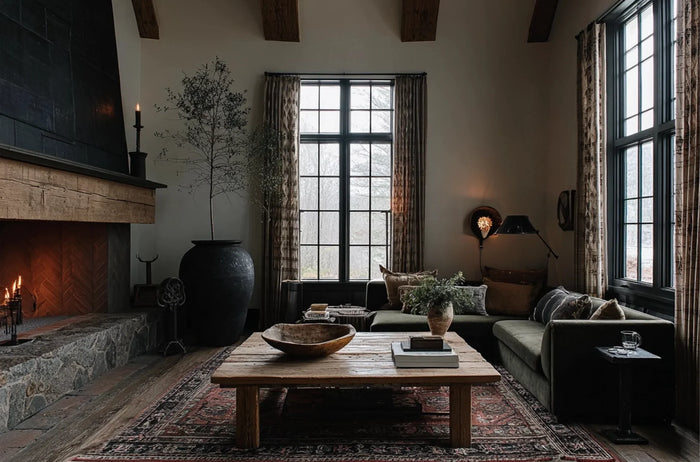 Modern rustic living room with linen sectional, reclaimed wood coffee table, and layered textures – Hello Norden
