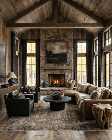 Rustic cabin living room with a stone fireplace, black armchairs, leather sectional, and exposed wood beams.