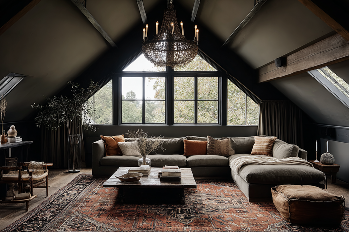 Moody attic living room with a low reclaimed wood coffee table, large sectional sofa with earth-tone pillows, vintage Persian rug, and black-framed windows overlooking trees