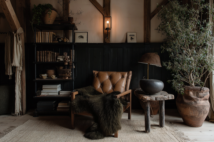 Brown leather tufted accent chair with dark fur throw, styled beside a rustic wood side table, potted tree, and black shelving in a moody living room.
