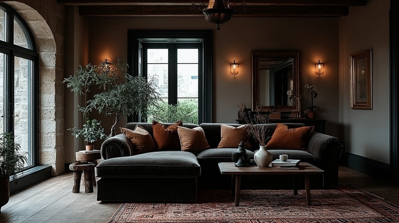 Living room styled with pieces from a vintage furniture store, featuring a deep charcoal sofa with rust pillows, reclaimed wood coffee table, antique mirrors, and a patterned vintage rug.