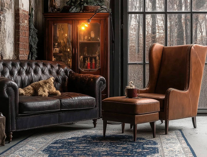 Living room with dark leather sofa and brown wingback accent chair with ottoman beside large window, styled with vintage cabinet and rug.