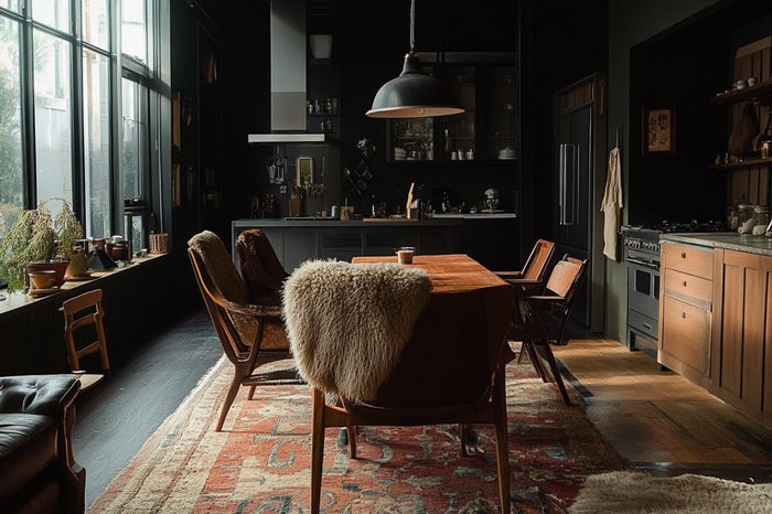 Warm, rustic kitchen with dark, vintage sideboard,  wood dining table, leather chairs with sheepskin throws, vintage rug, and soft natural light from large windows.