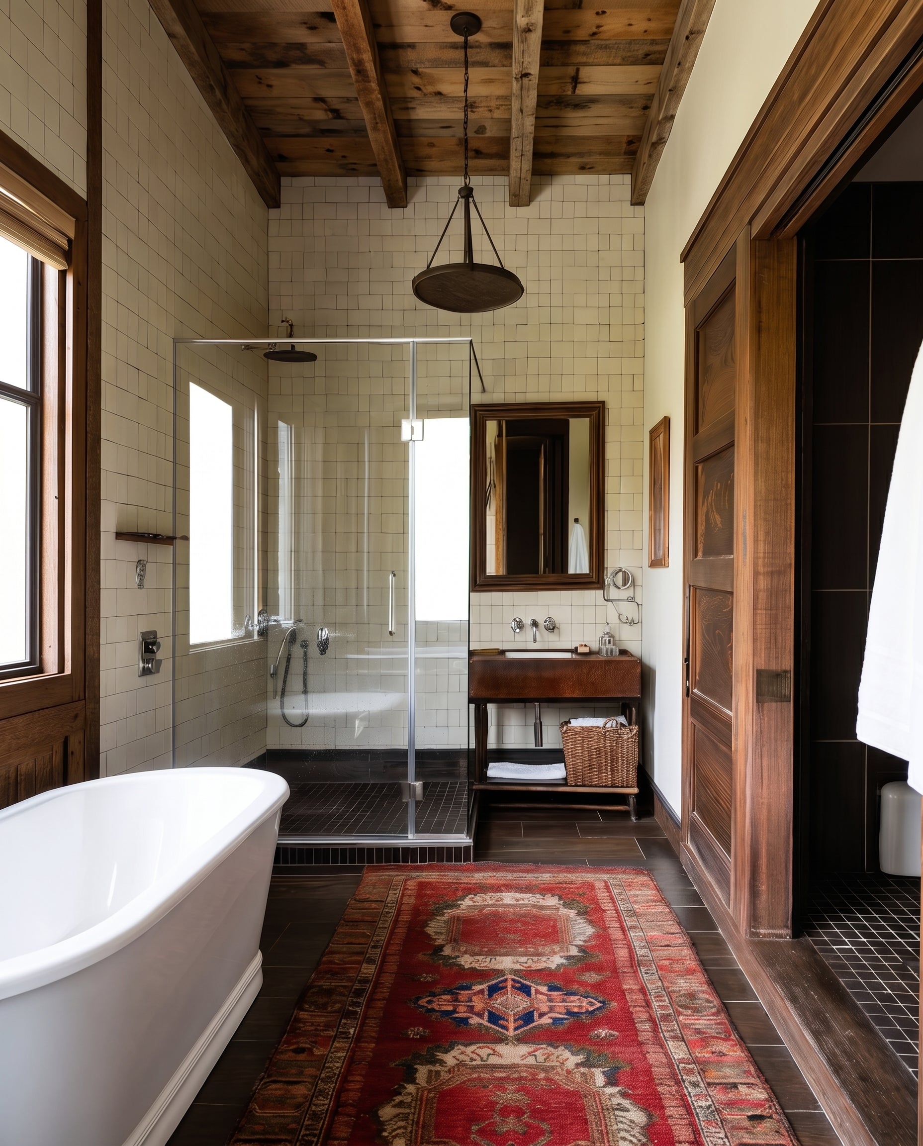 vintage modern apothecary bathroom custom wood vanity moody subway tile