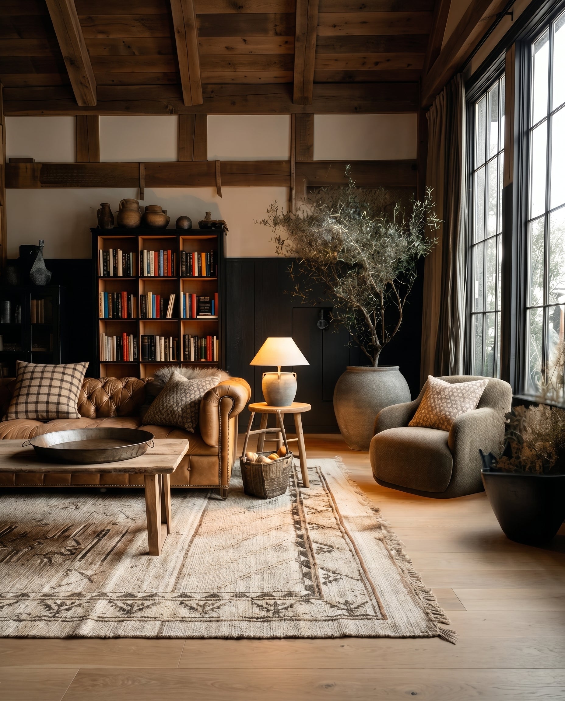 modern mountain living room reclaimed wood coffee table and custom chesterfield couch leather caramel Hello Norden