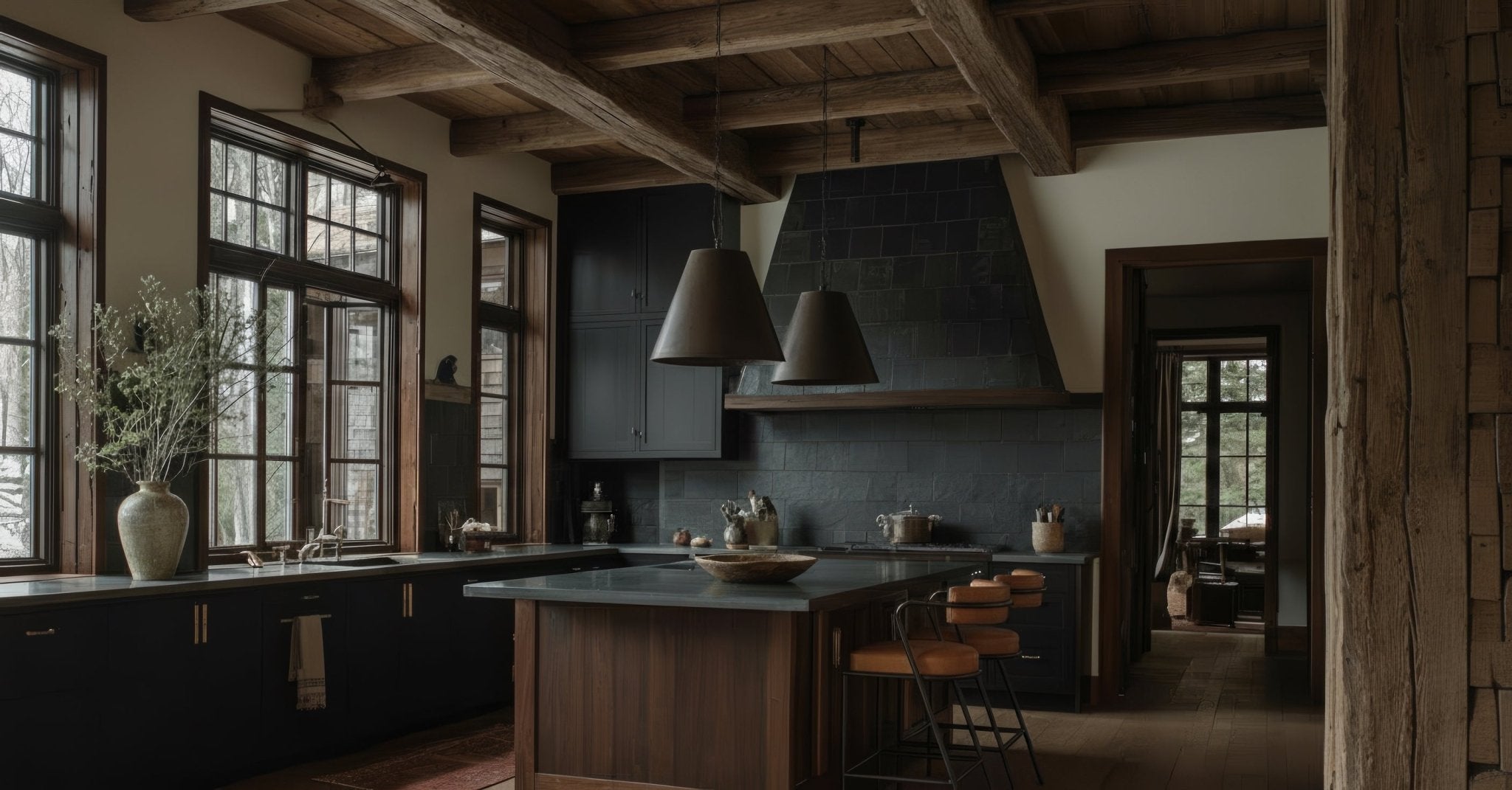 Modern Rustic Kitchen with Reclaimed Beams and Moody Black Cabinets - Hello Norden
