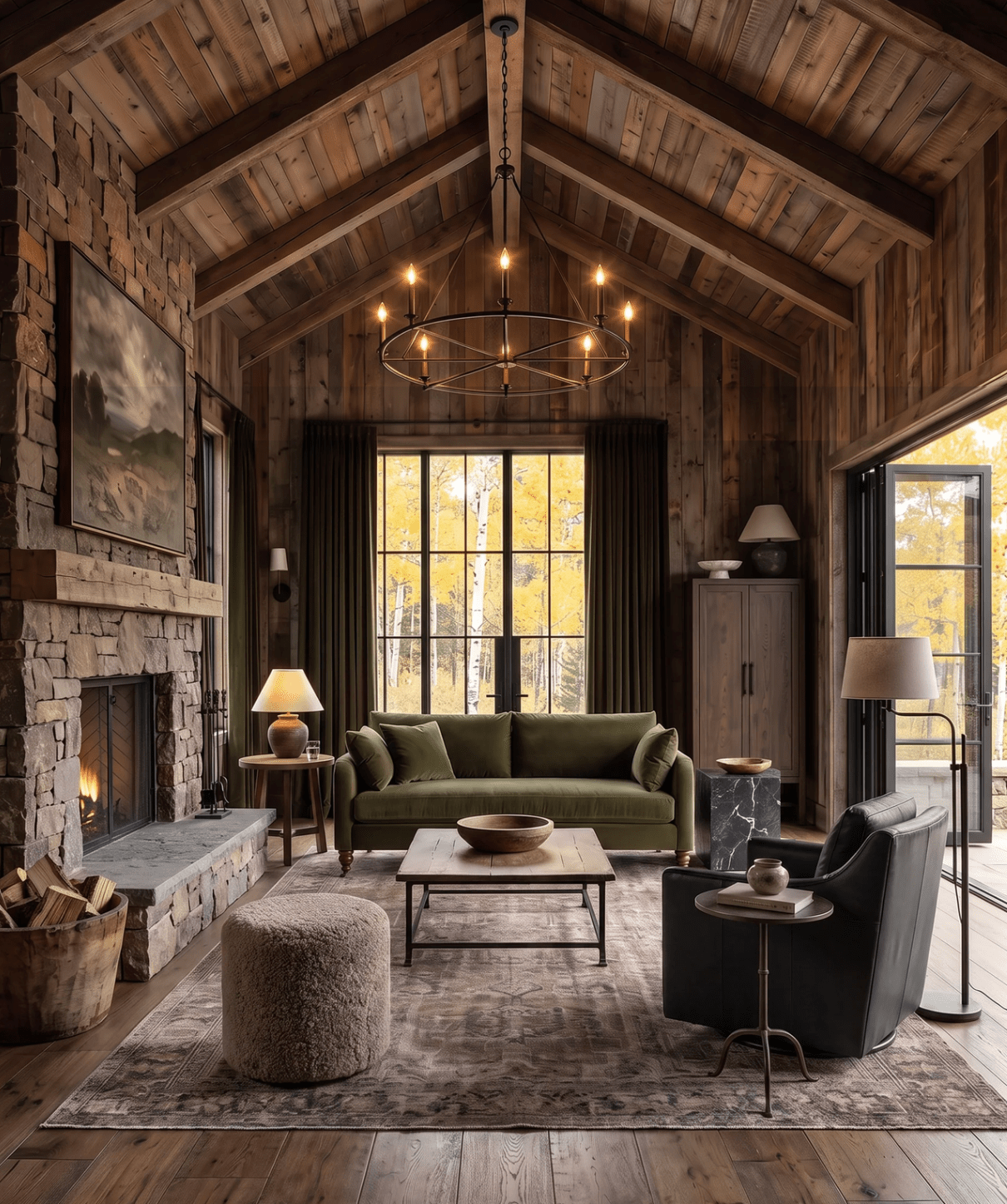 living room furniture modern mountain sofa Hello Norden - Asbjorn Sofa and Scottie swivel lounge chair styled in a modern rustic room custom furniture