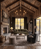living room furniture modern mountain sofa Hello Norden - Asbjorn Sofa and Scottie swivel lounge chair styled in a modern rustic room custom furniture