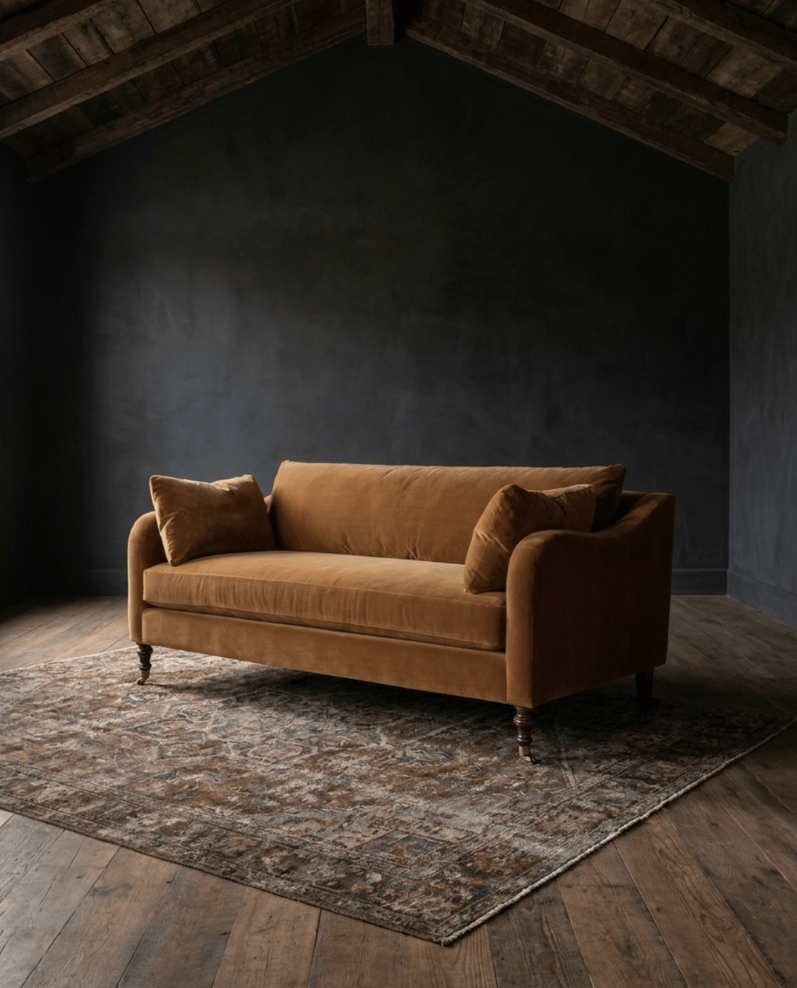 living room custom furniture modern mountain velvet sofa Hello Norden - Asbjorn Sofa in Banks Eco-Performance Velvet in Yam, shown in a rustic modern room