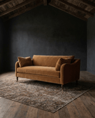 living room custom furniture modern mountain velvet sofa Hello Norden - Asbjorn Sofa in Banks Eco-Performance Velvet in Yam, shown in a rustic modern room
