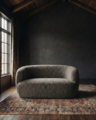 dark sheepskin leather taupe loveseat small modern round couch custom furniture living room mountain modern