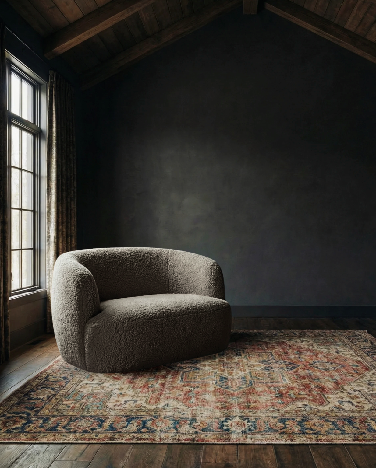Bella chair and a half dark sheepskin leather taupe loveseat small modern round couch custom furniture living room mountain modern 2