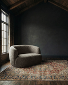 Bella chair and a half dark sheepskin leather taupe loveseat small modern round couch custom furniture living room mountain modern 2