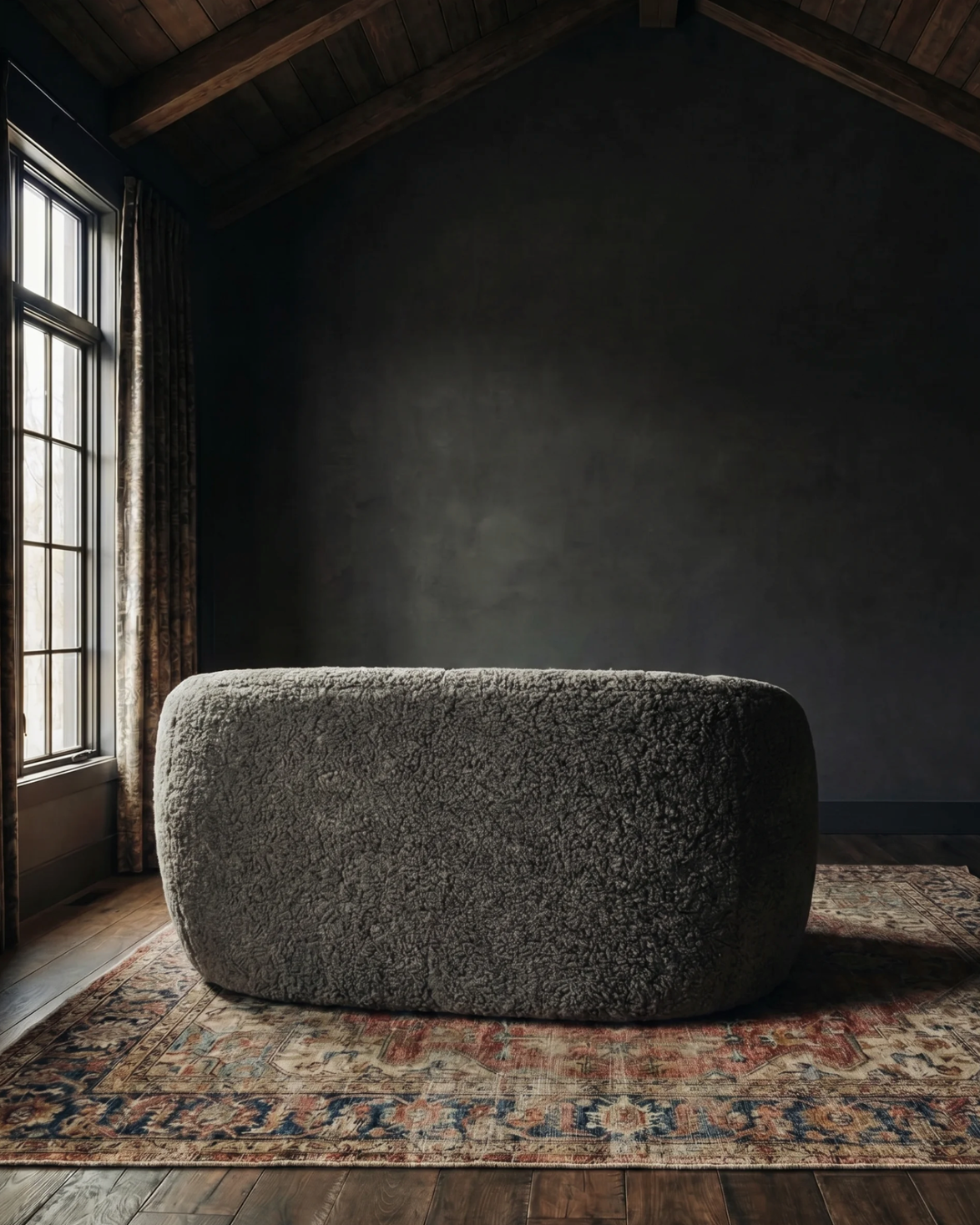 dark taupe curly sheepskin leather fur loveseat small modern curved couch custom furniture modern mountain living room