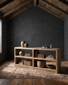 living room furniture modern mountain  console Hello Norden - Brynjar Shelf console styled in a modern rustic room Reclaimed wood furniture
