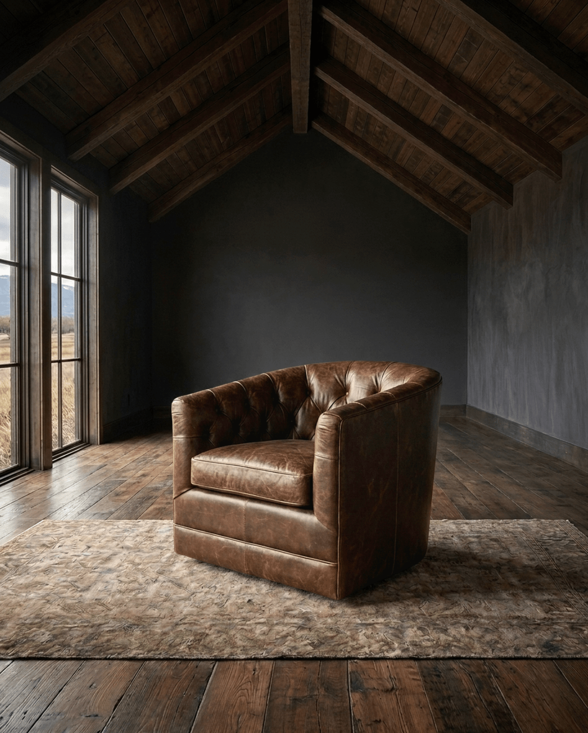 Custom Leather Lounge Chair Hello Norden - Connor Swivel brown leather St Croix Holm Sweet Holm Tufted barrel chair