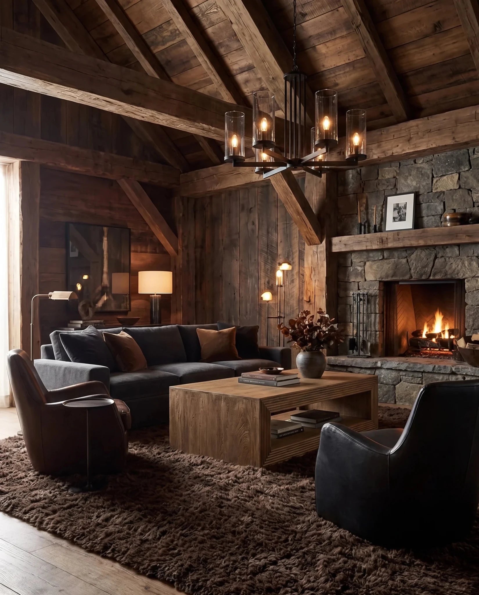 A rustic, cozy living room with a dark gray sectional sofa, a wooden coffee table, two black leather armchairs, a large brown shag rug, and a stone fireplace with a fire burning inside. The room features a high wooden-beamed ceiling and a hanging multi-light chandelier.