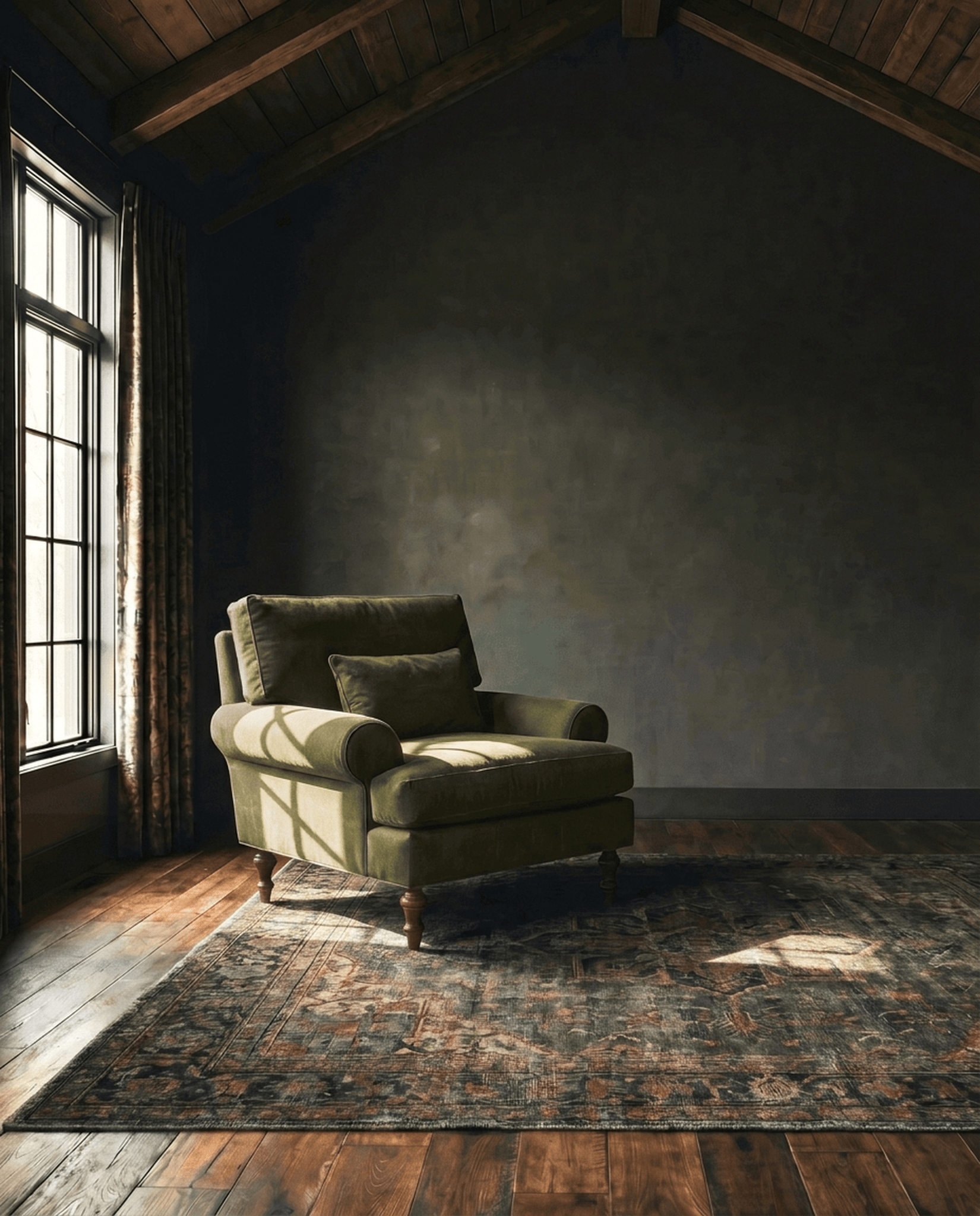 living room custom furniture modern mountain velvet chair Hello Norden - Halden Chair in Banks Olive - Velvet, shown in a rustic modern room