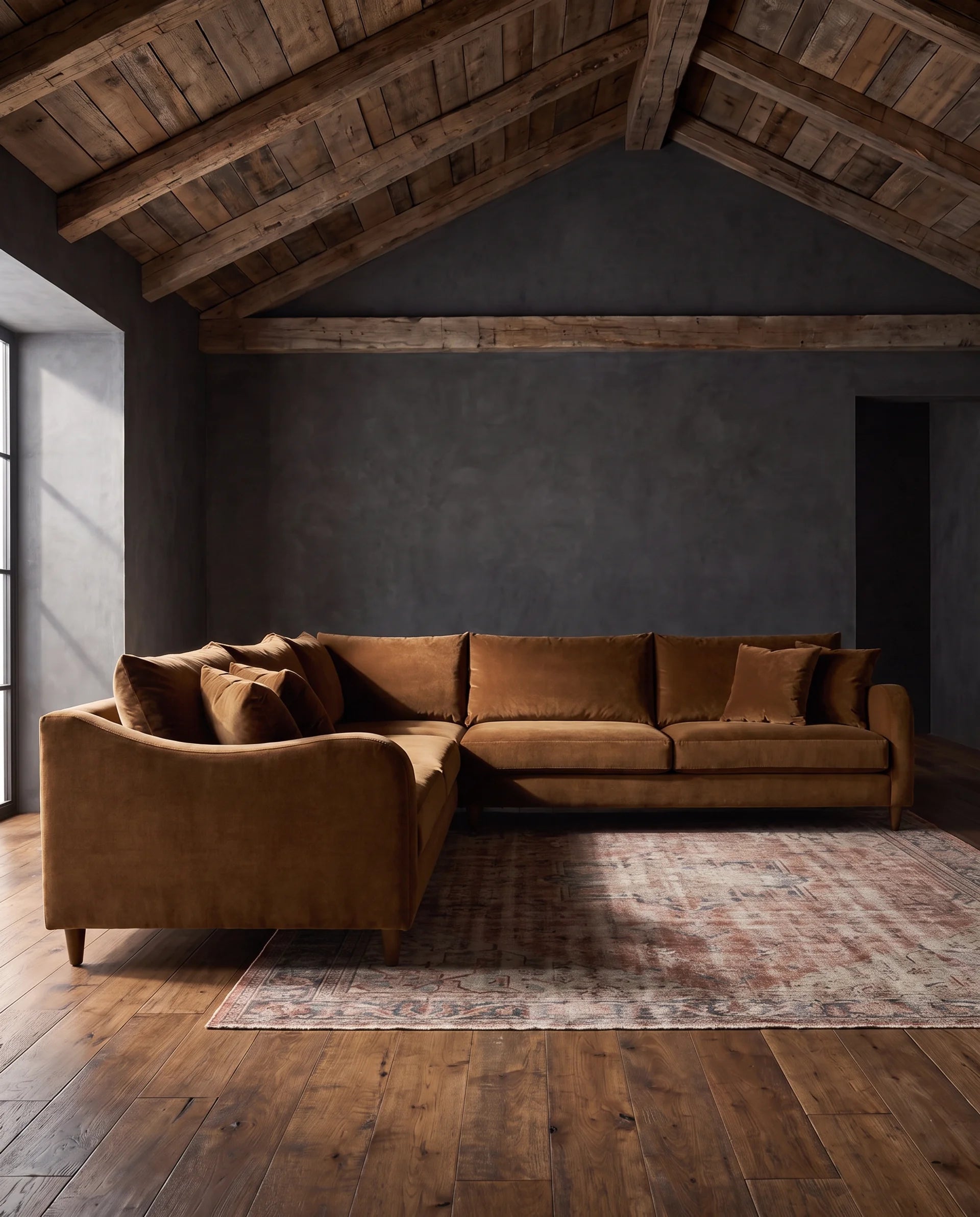 living room custom furniture modern mountain leather sectional Hello Norden - Harald Sectional custom living room sectional Cognac Velvet Performance Fabric