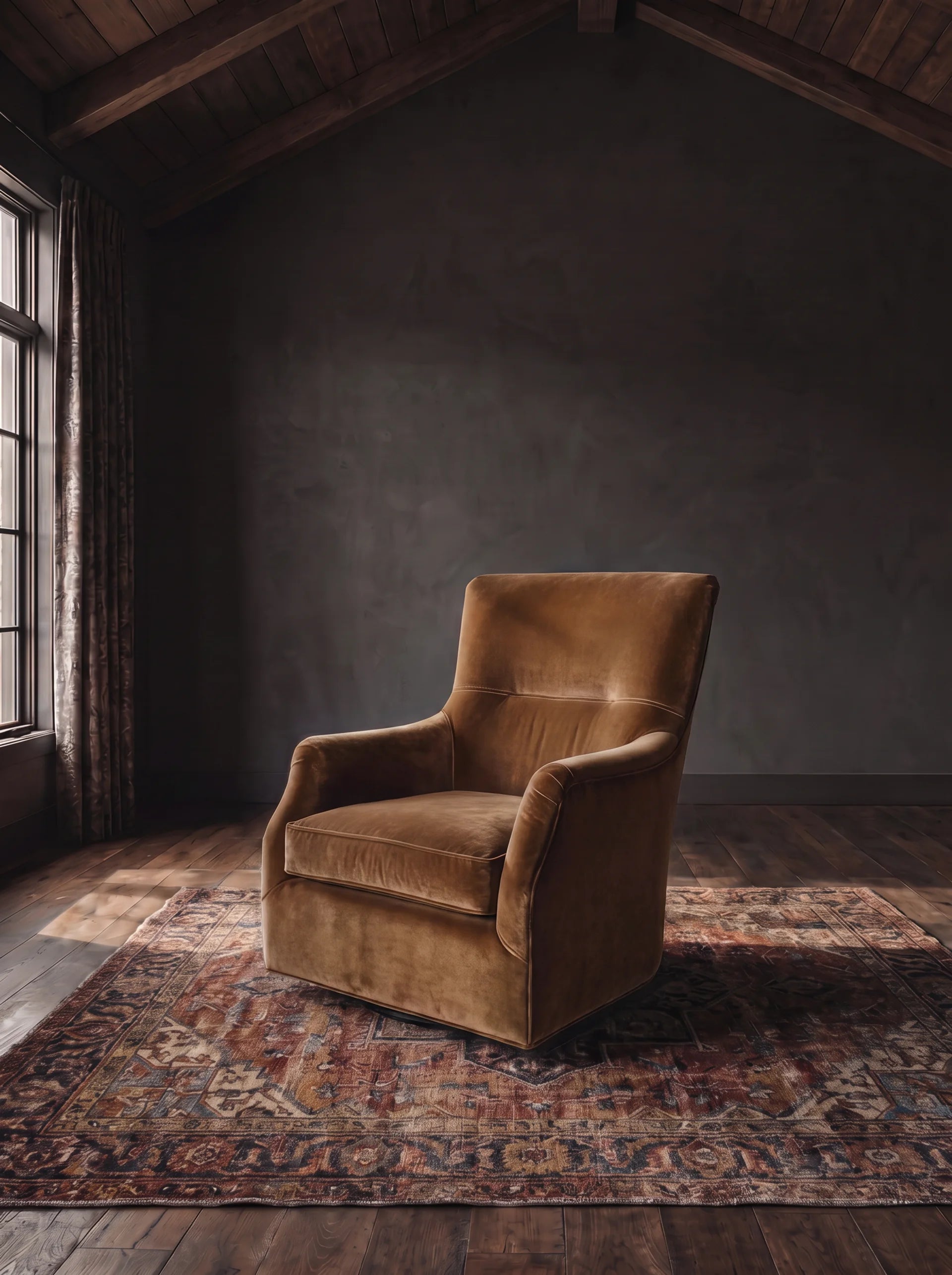 Banks Tobacco Custom Living Room caramel velvet swivel lounge chair Hello Norden tan light brown