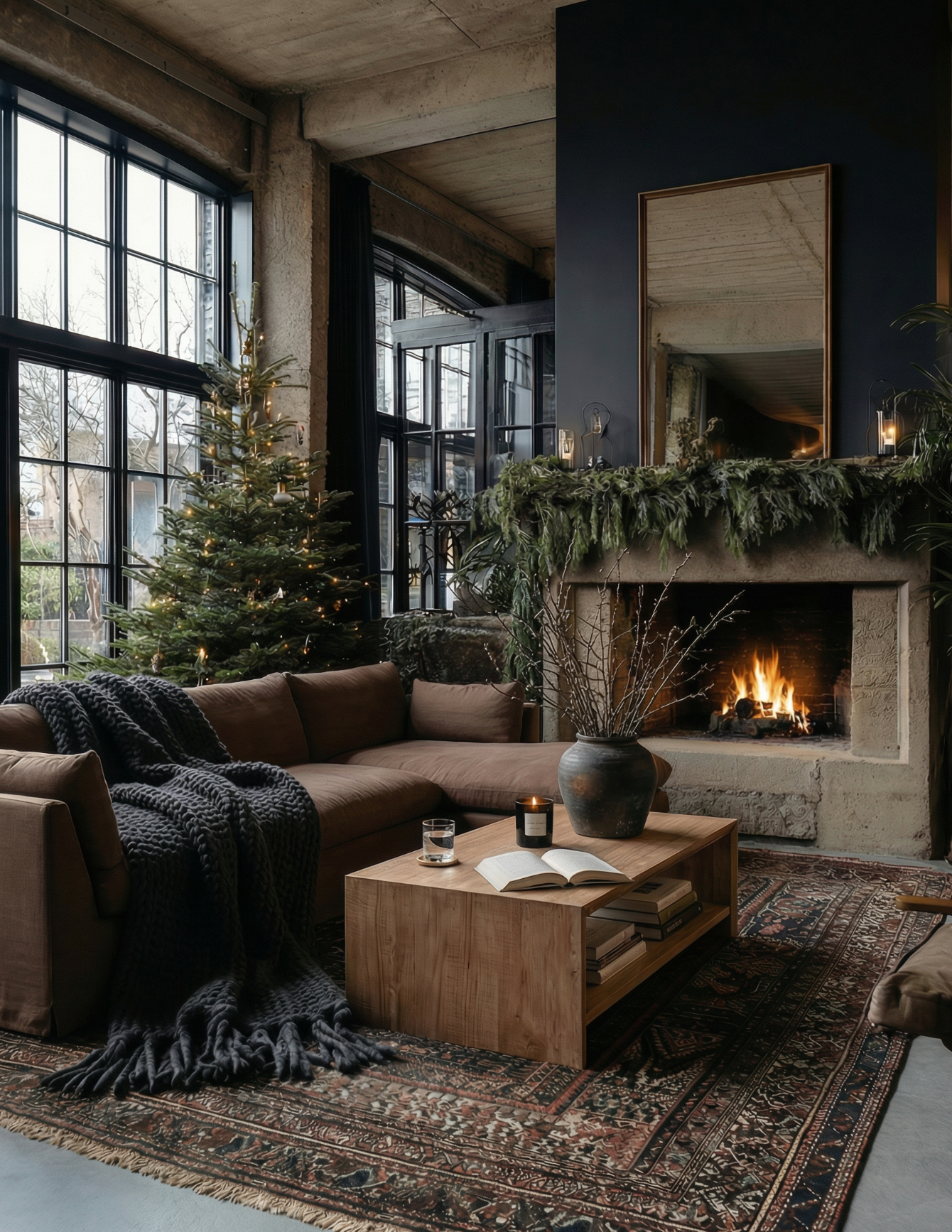 Cozy living room with a fireplace, Christmas tree, and decorative elements.