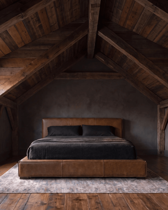 Hello Norden modern mountain bedroom leather furniture bed chunky brown caramel king queen full platform wide headboard footboard Maren Platform Bed