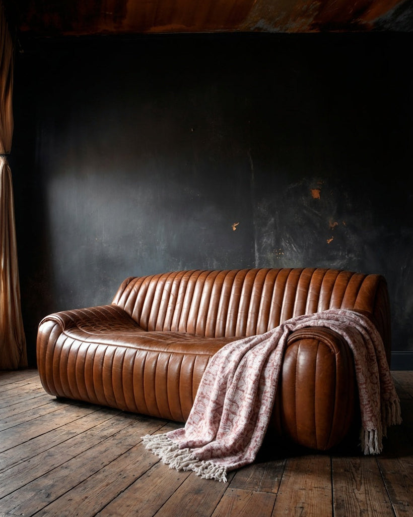 Jorgen distressed caramel leather channel tufted sofa modern lounge cozy