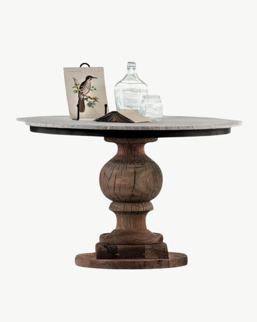 Katrin reclaimed beam round 60" dining table marble top Hello Norden