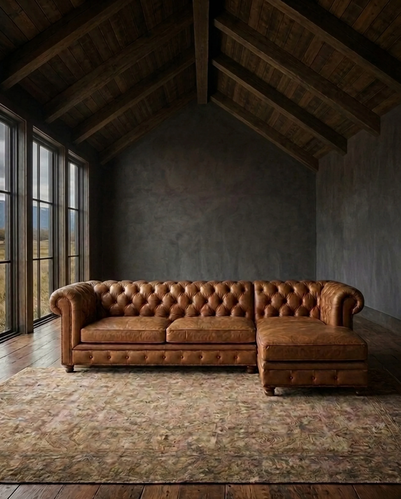 Leather 3-seat chesterfield sectional sofa with chaise end brown caramel custom furniture couch Hello Norden Modern mountain living room 