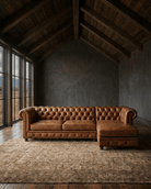 Leather 3-seat chesterfield sectional sofa with chaise end brown caramel custom furniture couch Hello Norden Modern mountain living room 