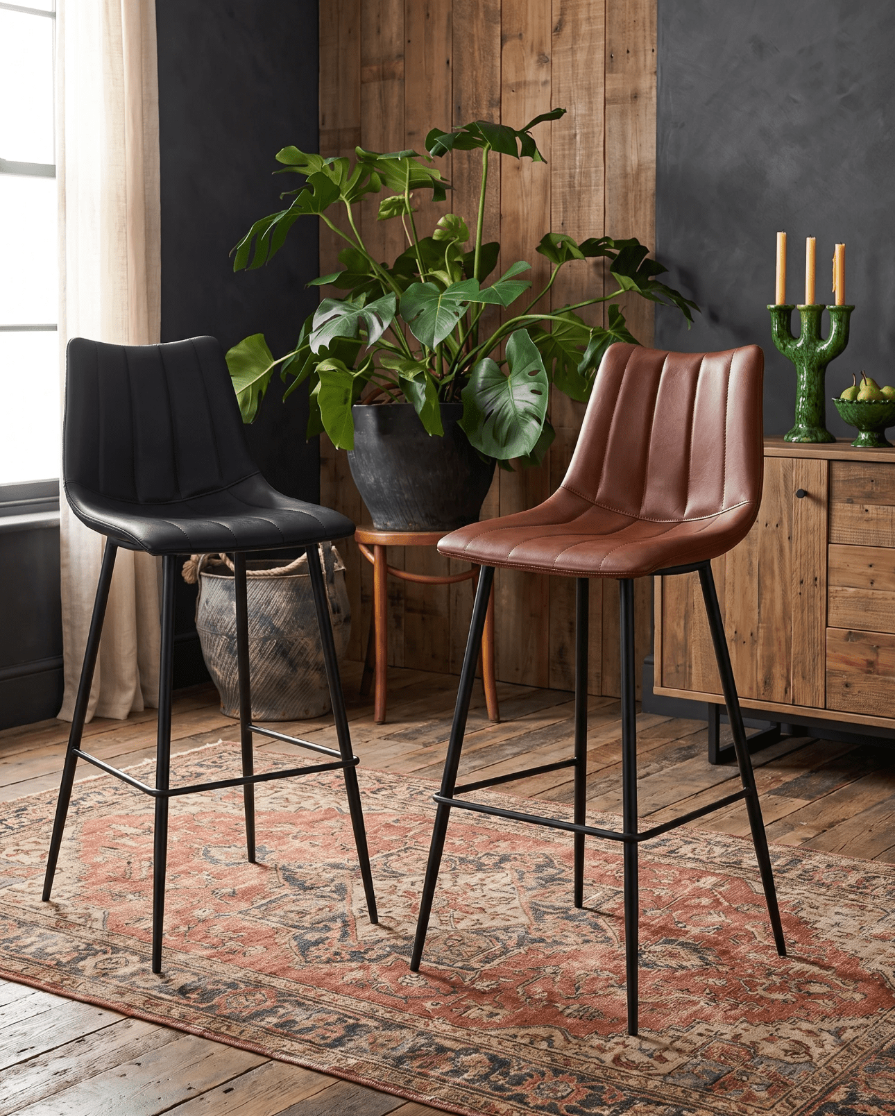 Leather Bar Stools with backs and black metal legs   - caramel, black, olive green and brown vegan leather Modern Mountain Kitchen and Dining Room Furniture Hello Norden 