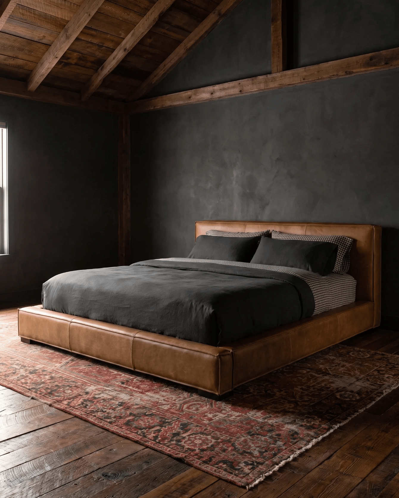 Maren Queen or King caramel brown leather platform bed 