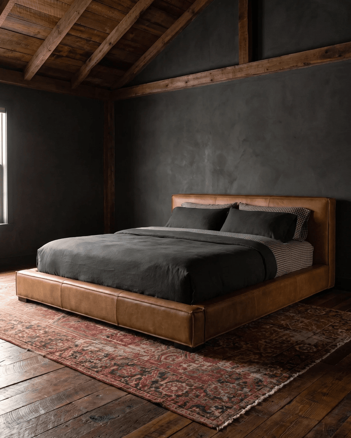 Maren Queen or King caramel brown leather platform bed 