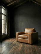 Maxim made to order custom leather performance fabric chunky wide arm RH Maxwell living room chair Hello Norden tan caramel leather