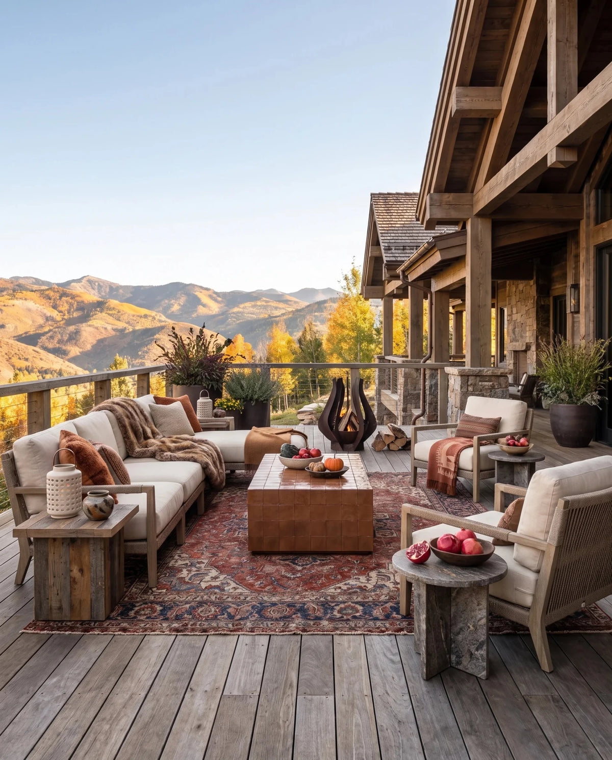 outdoor furniture modern mountain lightweight concrete faux tile outdoor coffee table Hello Norden - Per Outdoor Coffee Table, styled on a covered mountain terrace