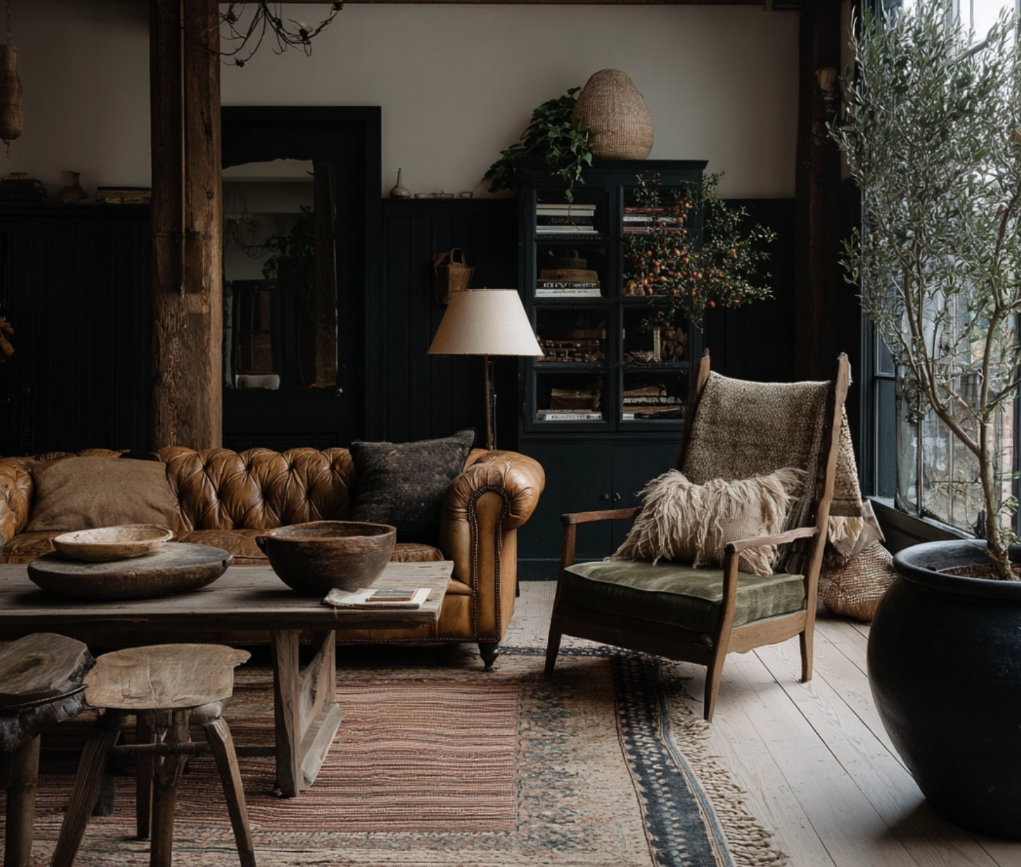 vintage decor with shallow wood bowl and chesterfield leather sofa