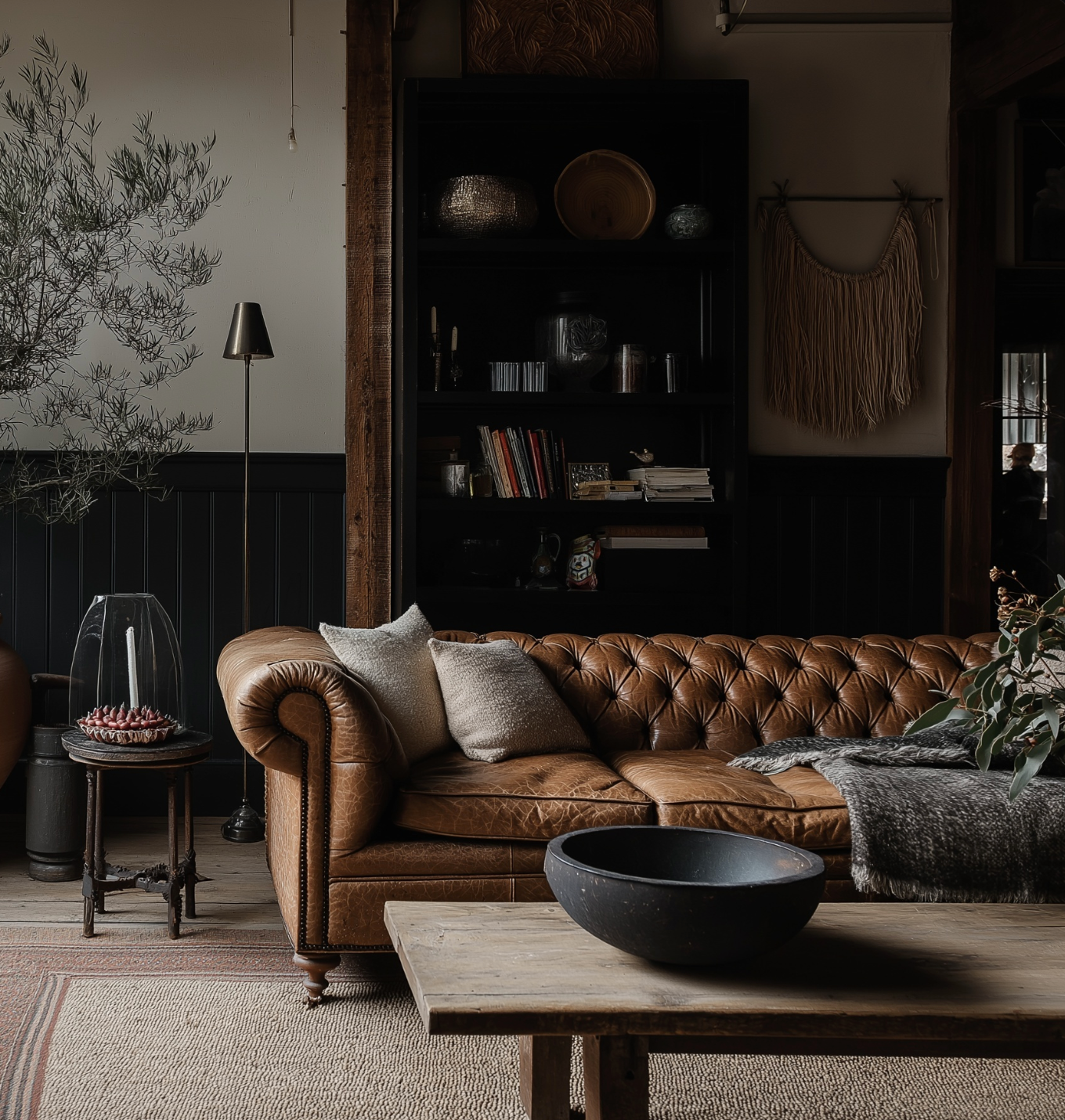vintage leather chesterfield sofa and reclaimed wood coffee table