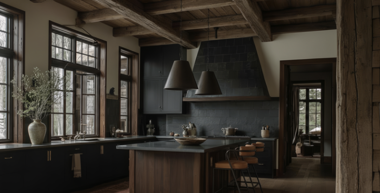Modern Rustic Kitchen with Reclaimed Beams and Moody Black Cabinets