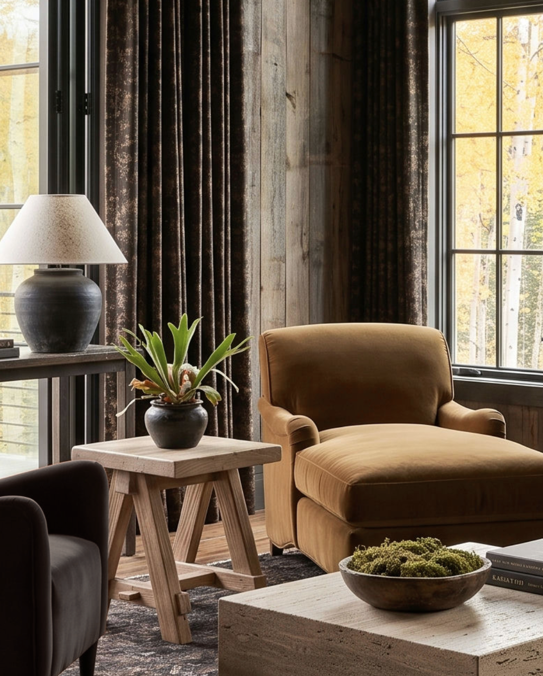living room reclaimed wood furniture modern mountain  side table Hello Norden - Skag Side Table, styled in a modern rustic room reclaimed wood furniture