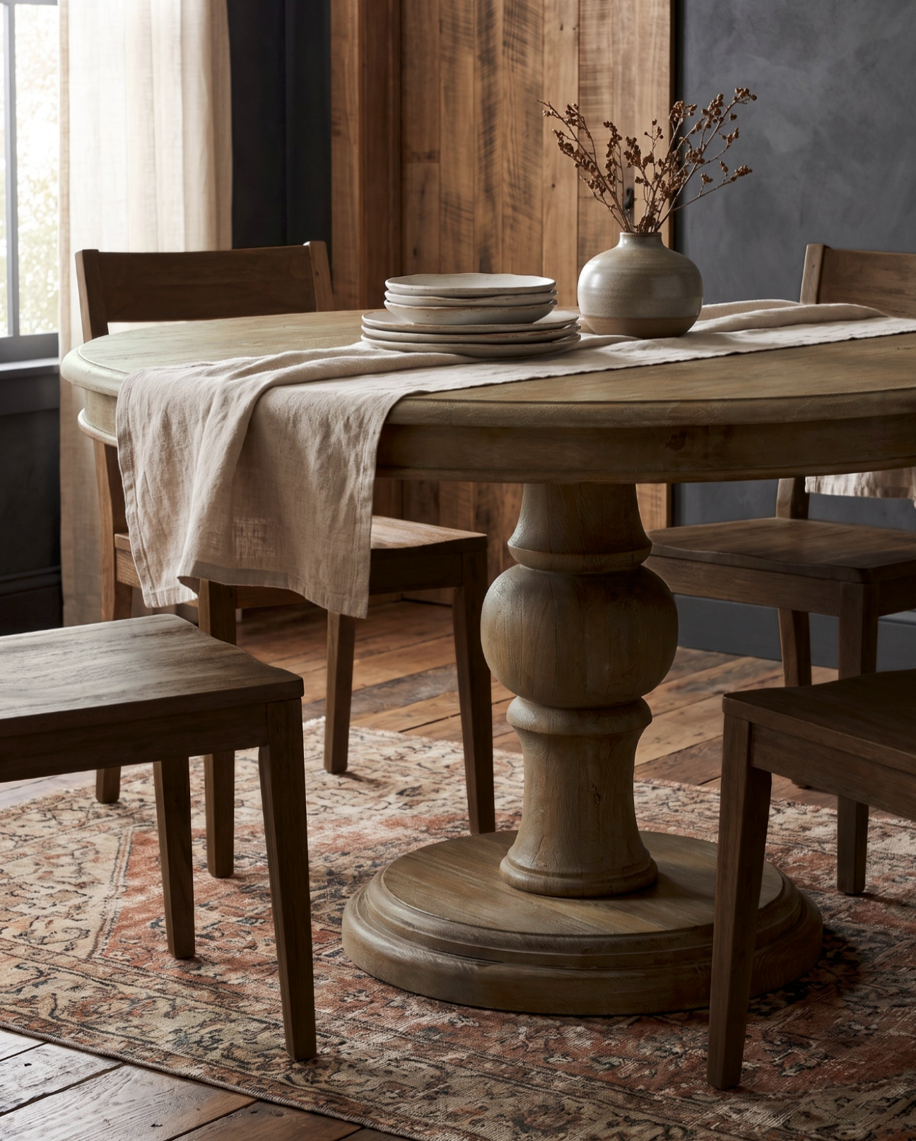 Solid wood round dining table farmhouse pedestal Modern Mountain Dining Room Hello Norden Ingmar
