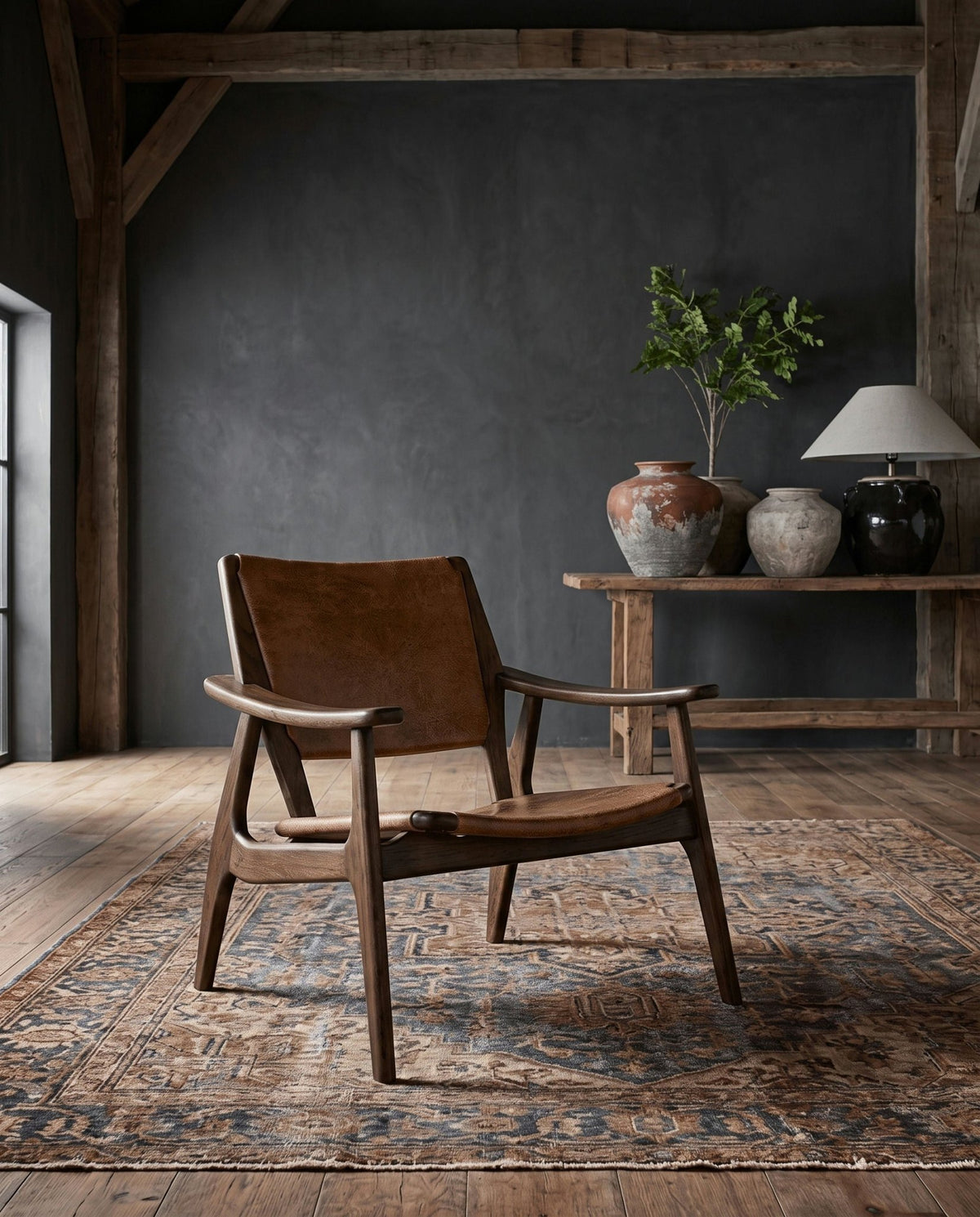 Vendela Leather Accent Chair - Lounge Chairs - Hello Norden Modern Mountain living room chair brown leather with wood arms mid century