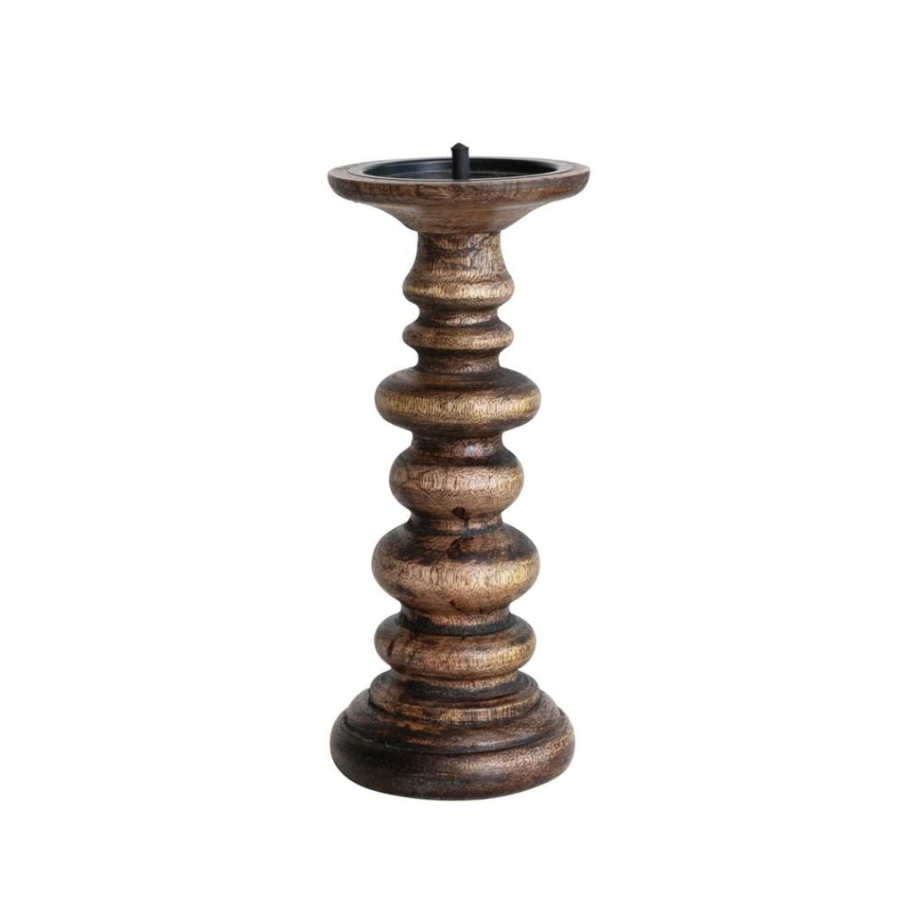 Alva Hand-Carved Wood Pillar Candle Holder - Candle Holders - Hello Norden