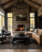 living room modern mountain carved wood coffee table Hello Norden - Alvhild Coffee Table, shown in a rustic modern room